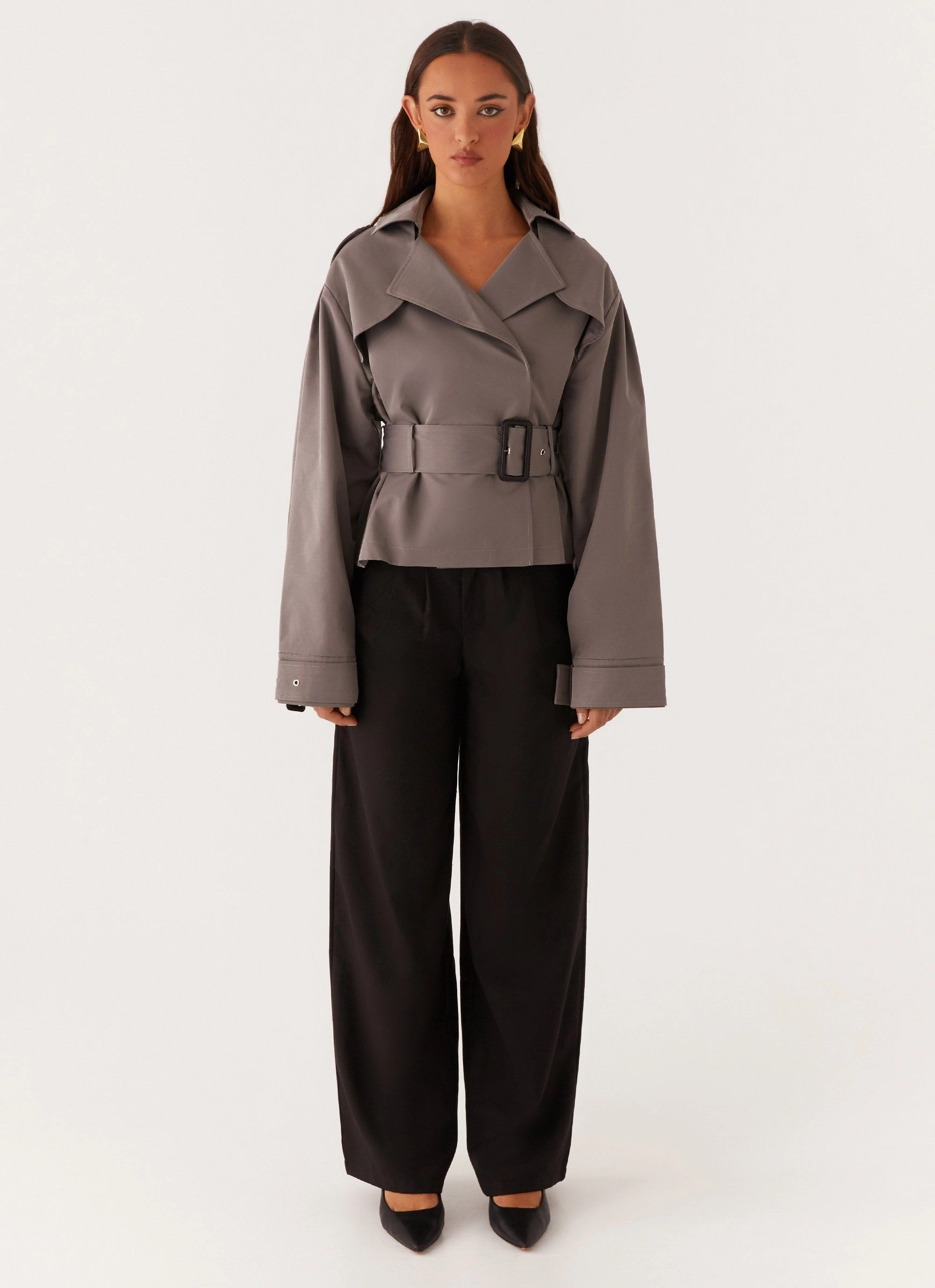 AntiStatic Lining Boston Cropped Trench Coat - Charcoal