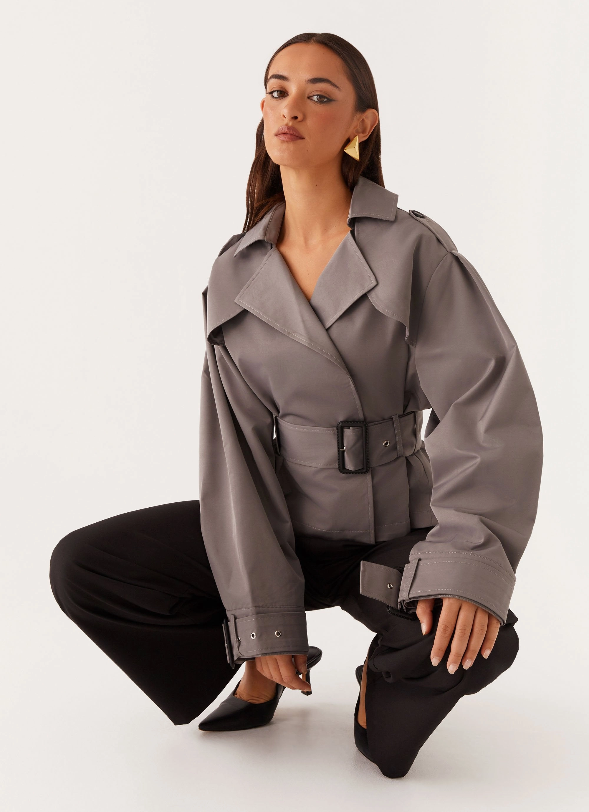 Detachable Lining SlipResistantFastenings Boston Cropped Trench Coat - Charcoal