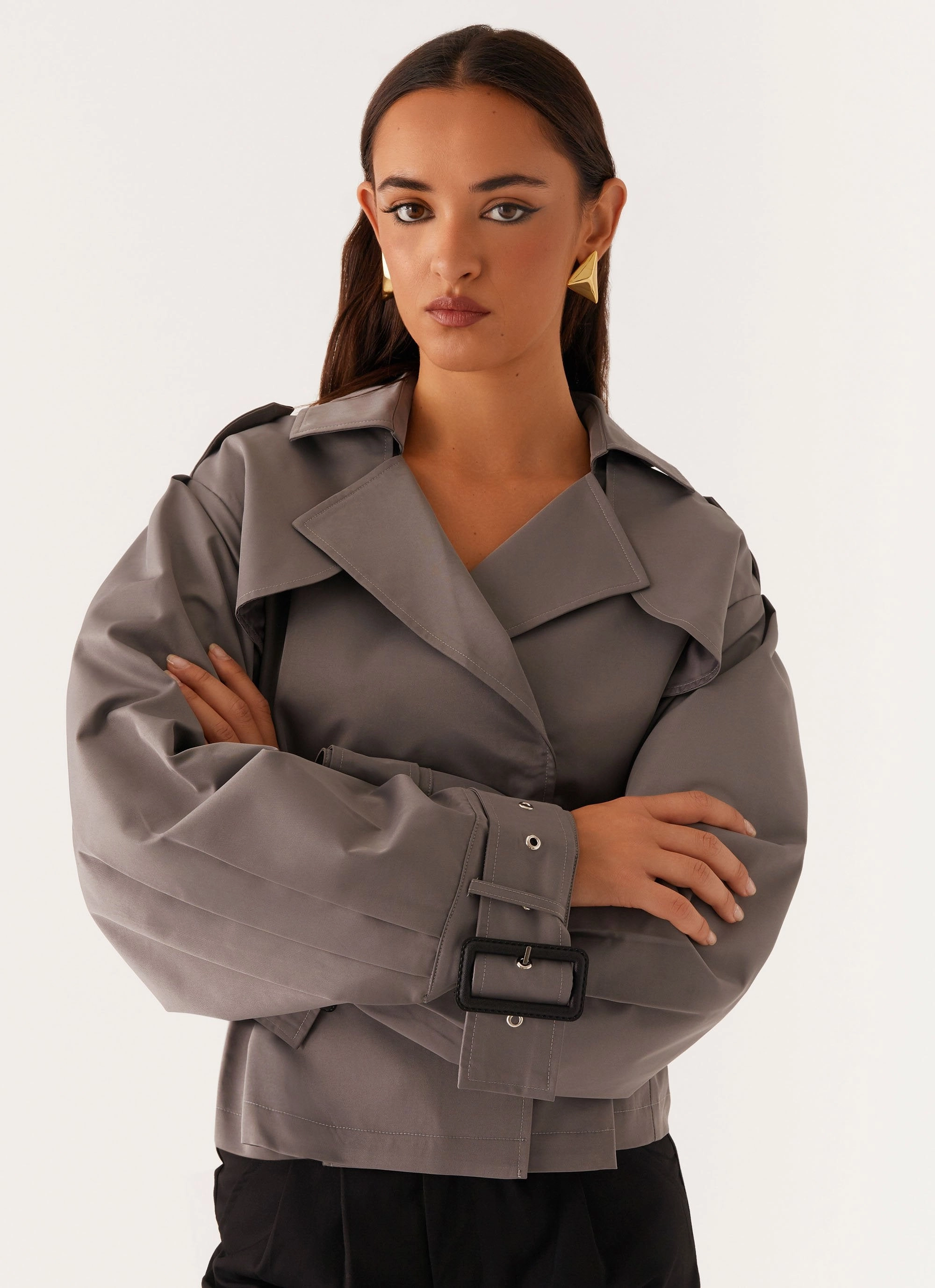 Wind Resistant Boston Cropped Trench Coat - Charcoal
