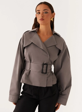 Boston Cropped Trench Coat - Charcoal Stretch Weave Fabric Adjustable Cuffs