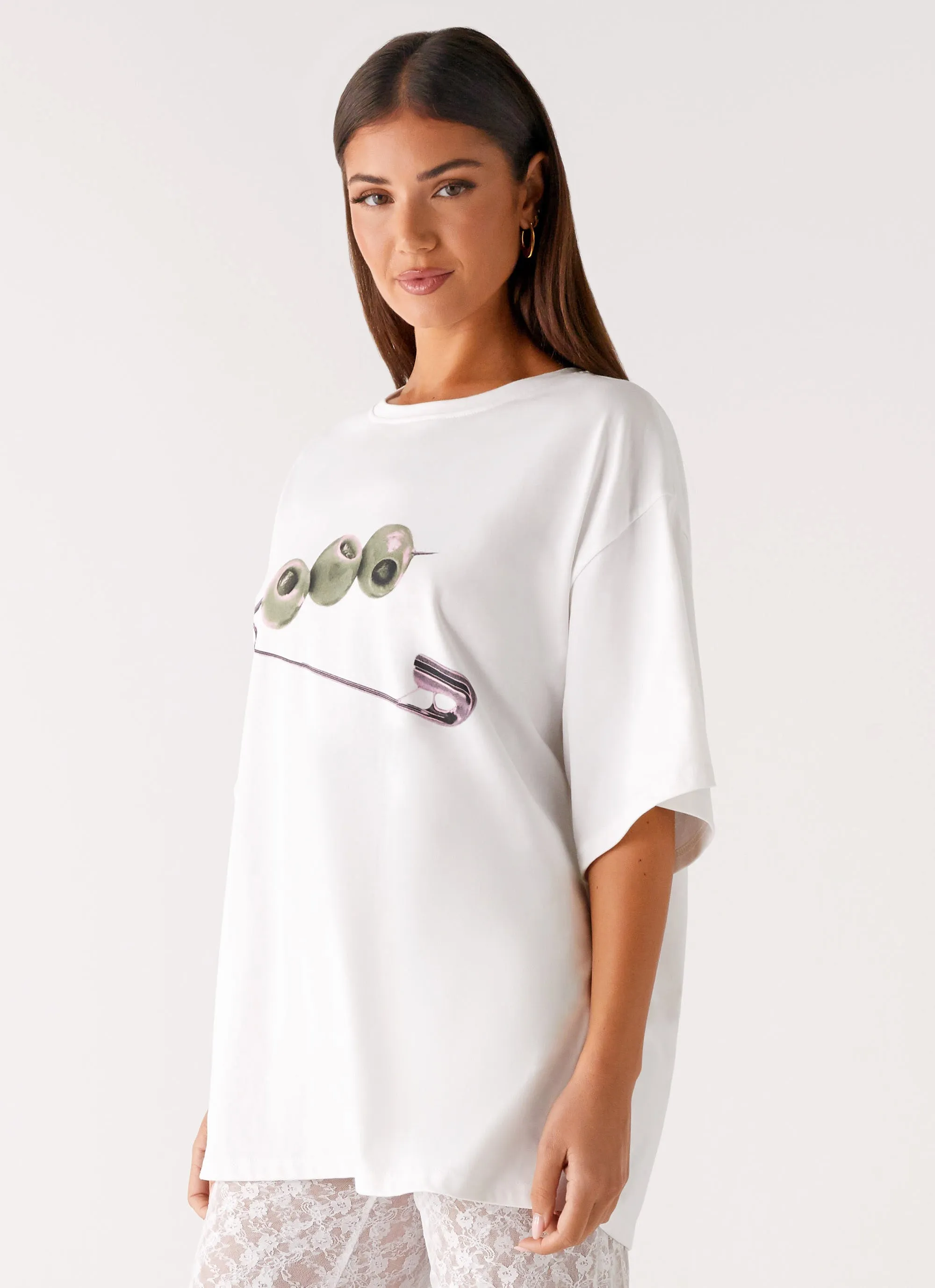 Olive Oversized Tee - White Adaptable AntiPilling