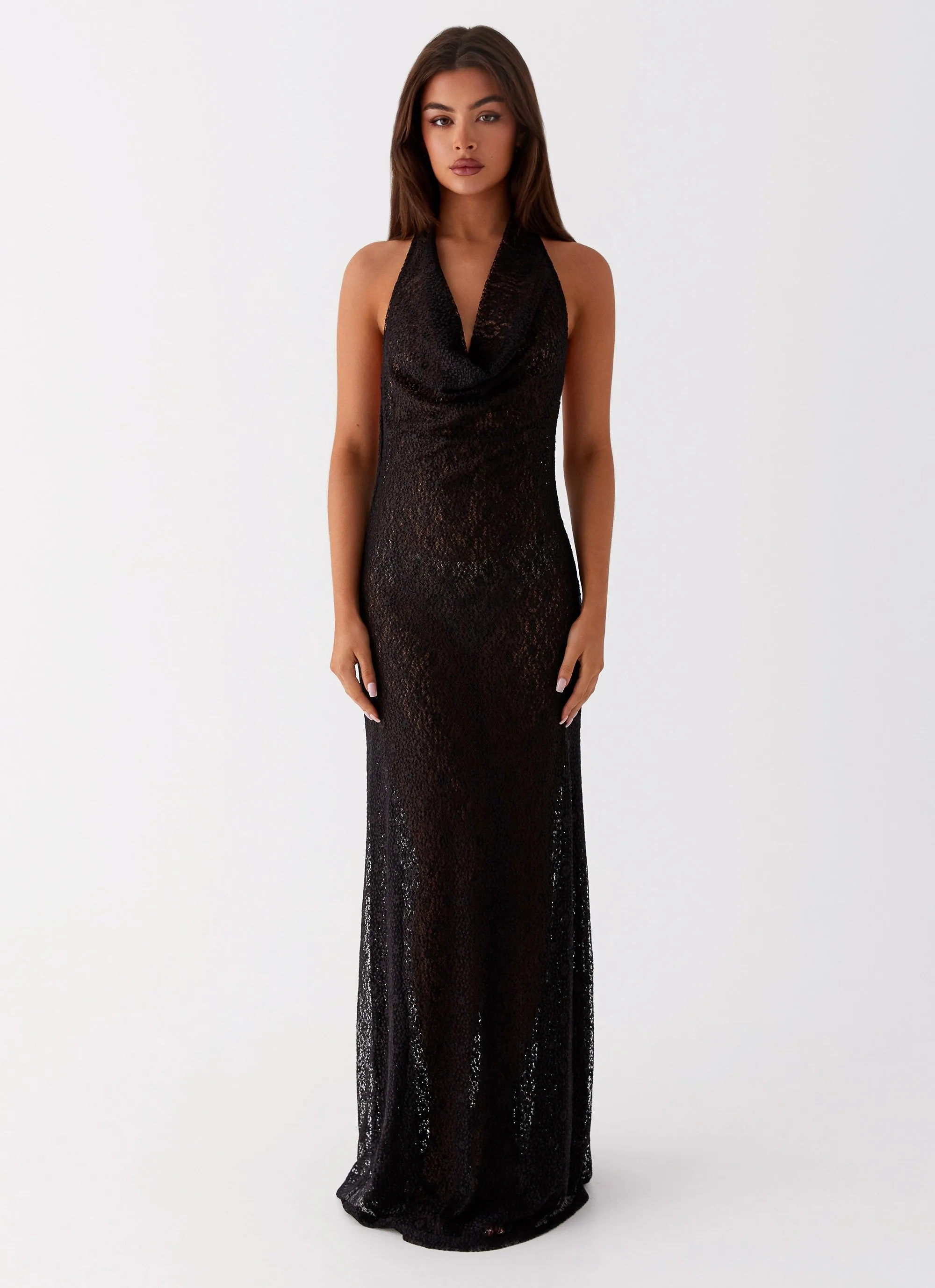 Tempest Cowl Neck Maxi Dress - Black Layered Collar Sports Ready