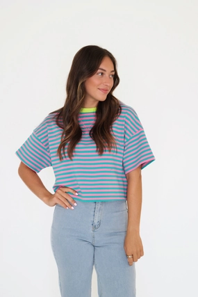 Terry Stripe Tee StretchFiberBlend Brushed Microfiber Surface Flowy Tunic Terry Stripe Tee