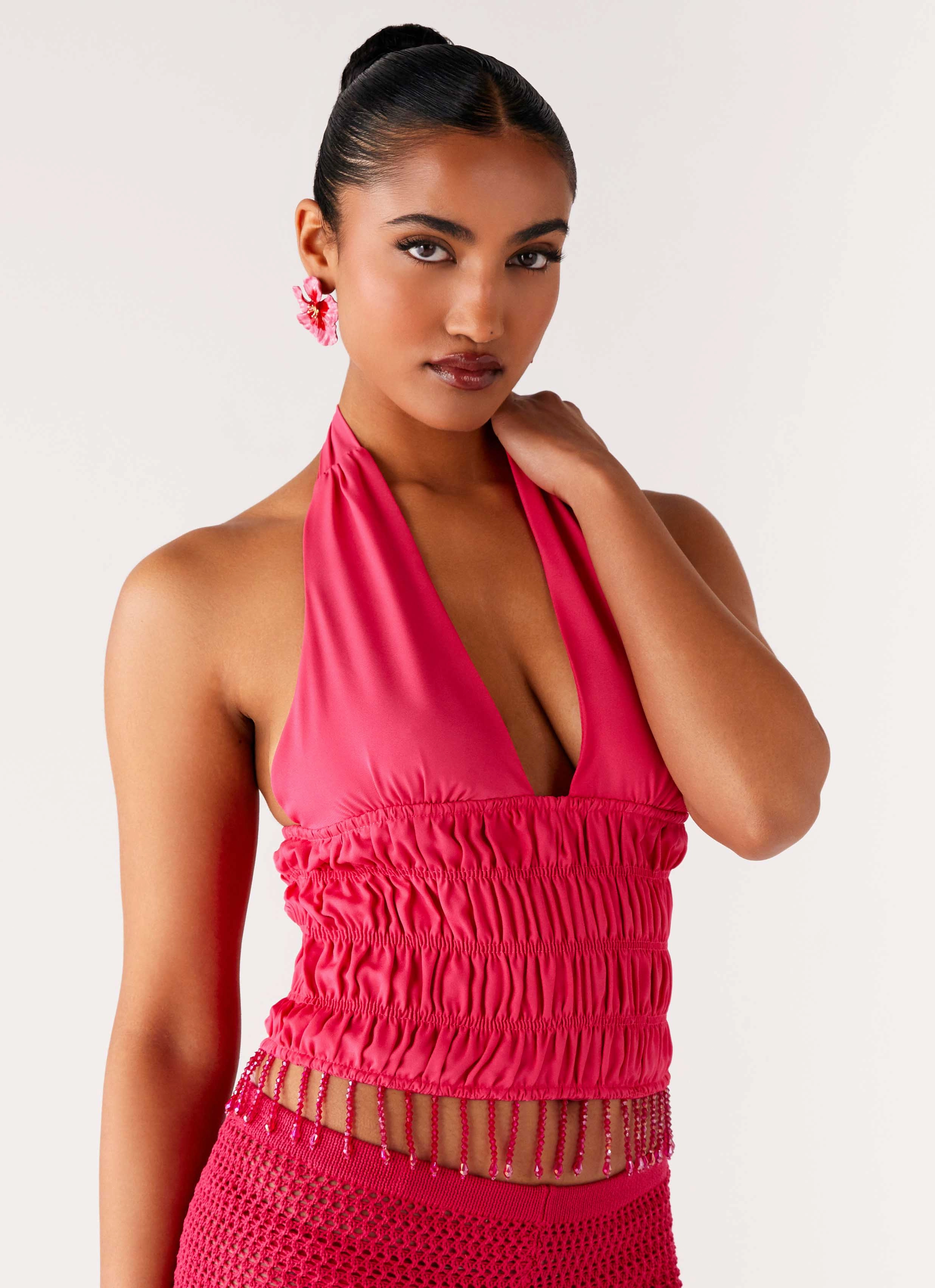 HighCollar Design Teuila Beaded Top - Fuchsia