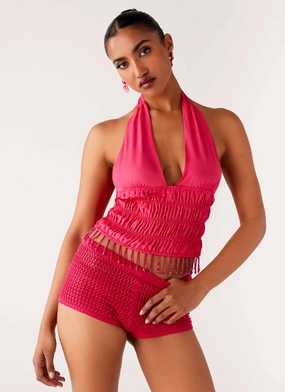 Teuila Beaded Top - Fuchsia AbrasionResistant Fabric Teuila Beaded Top - Fuchsia retro look StretchMaterial