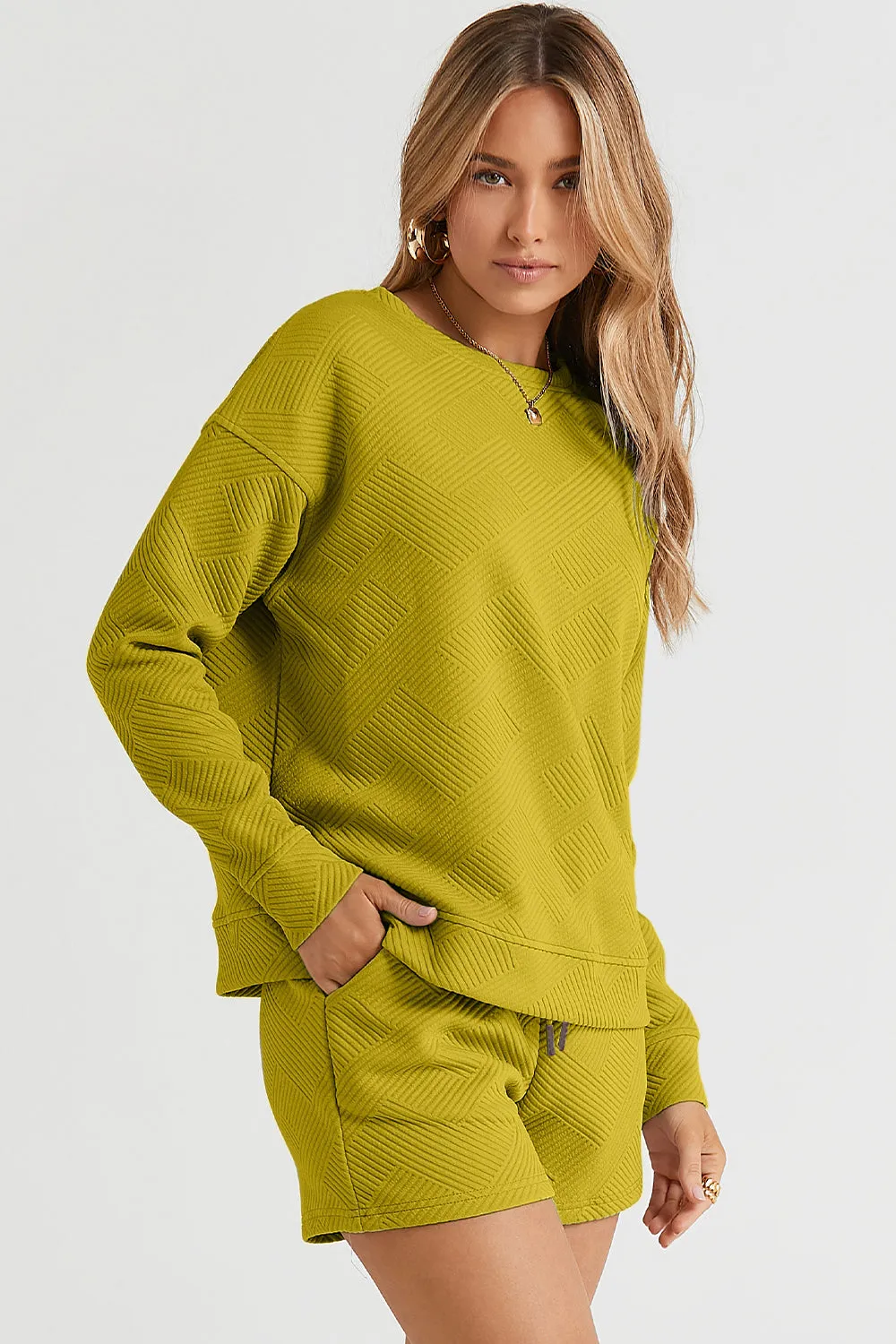 Texture Long Sleeve Top and Drawstring Shorts Set