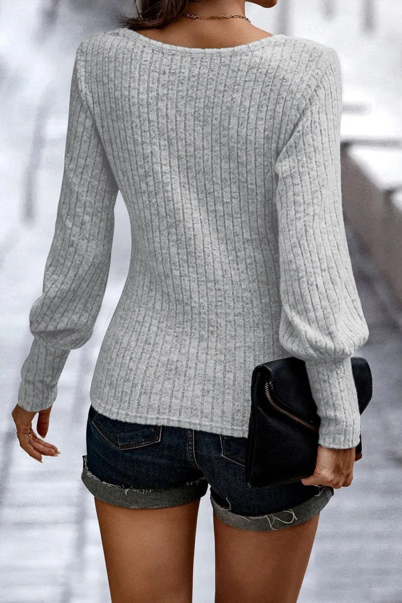 Textured Comfort Ribbed Puff Sleeve Sweater