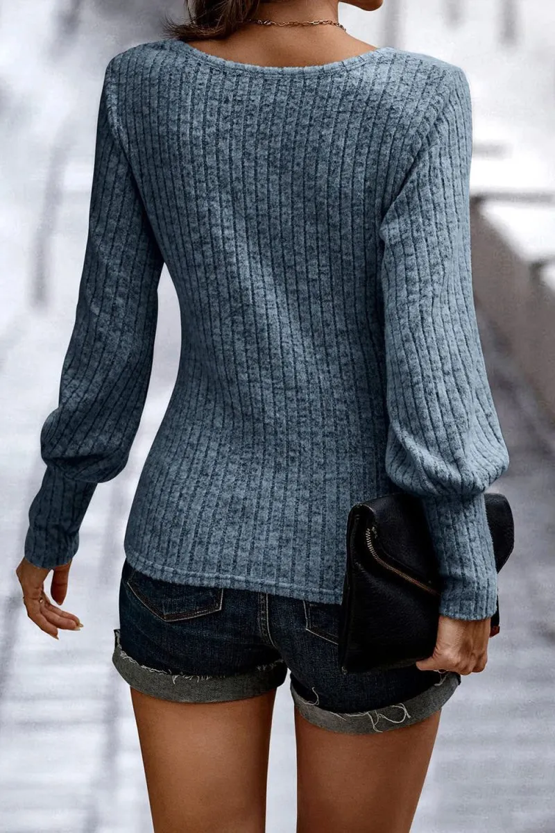 Textured Comfort Ribbed Puff Sleeve Sweater