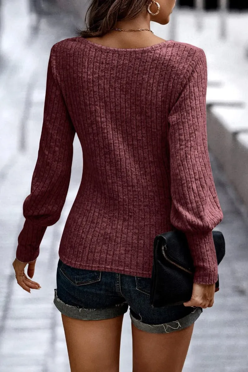 Textured Comfort Ribbed Puff Sleeve Sweater
