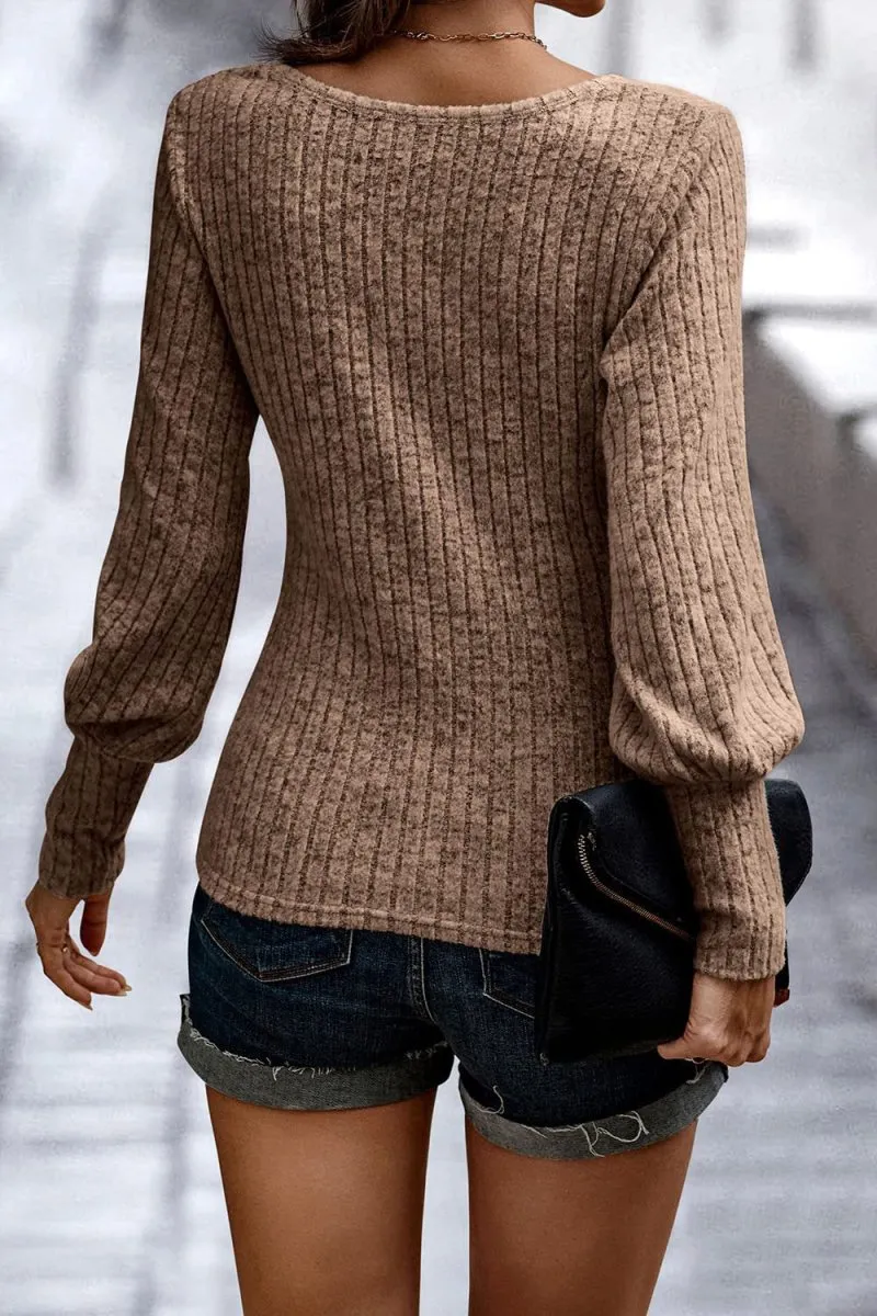 Textured Comfort Ribbed Puff Sleeve Sweater
