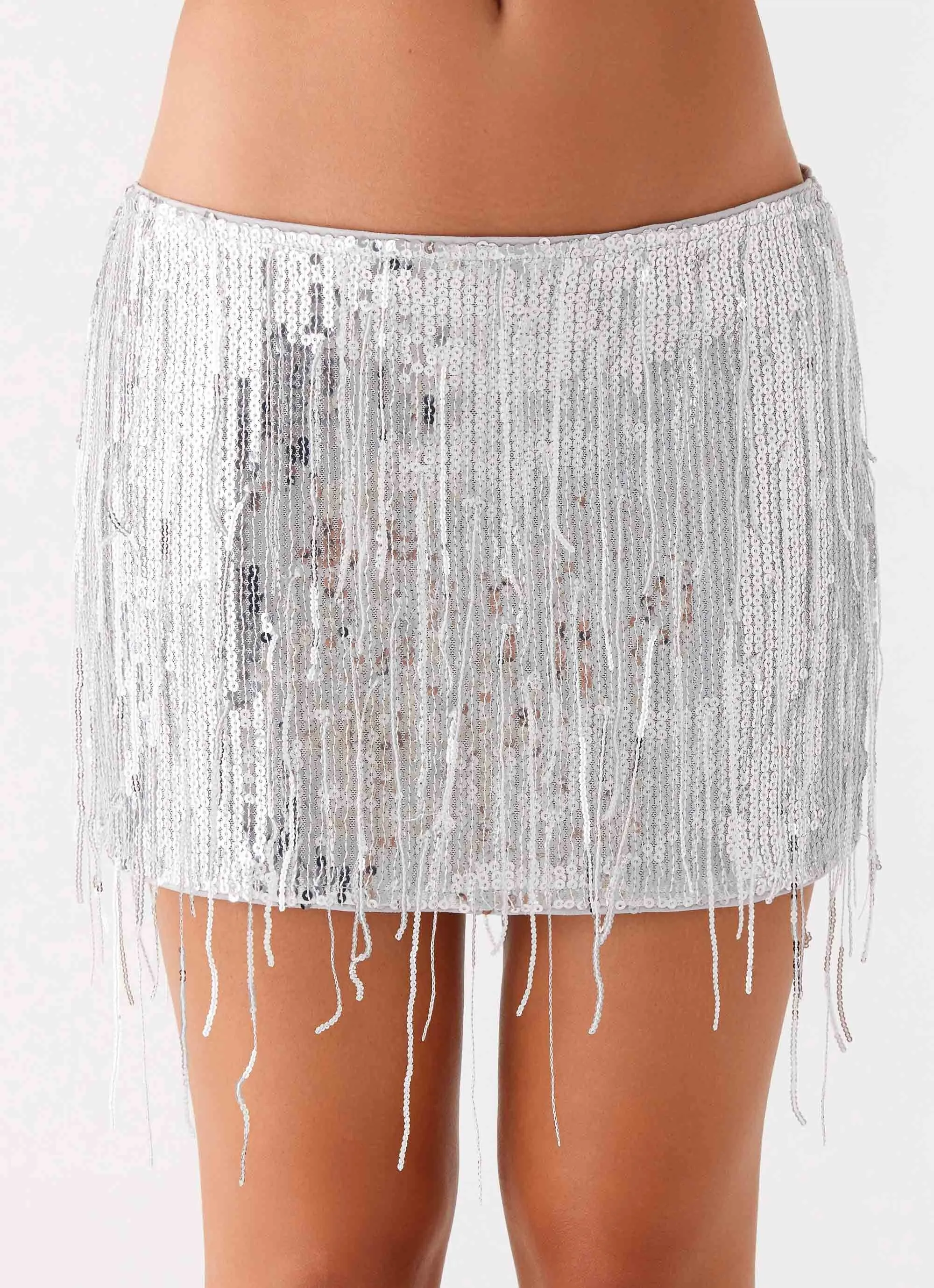 Back Slit Semi Sheer The Motto Sequin Mini Skirt - Silver
