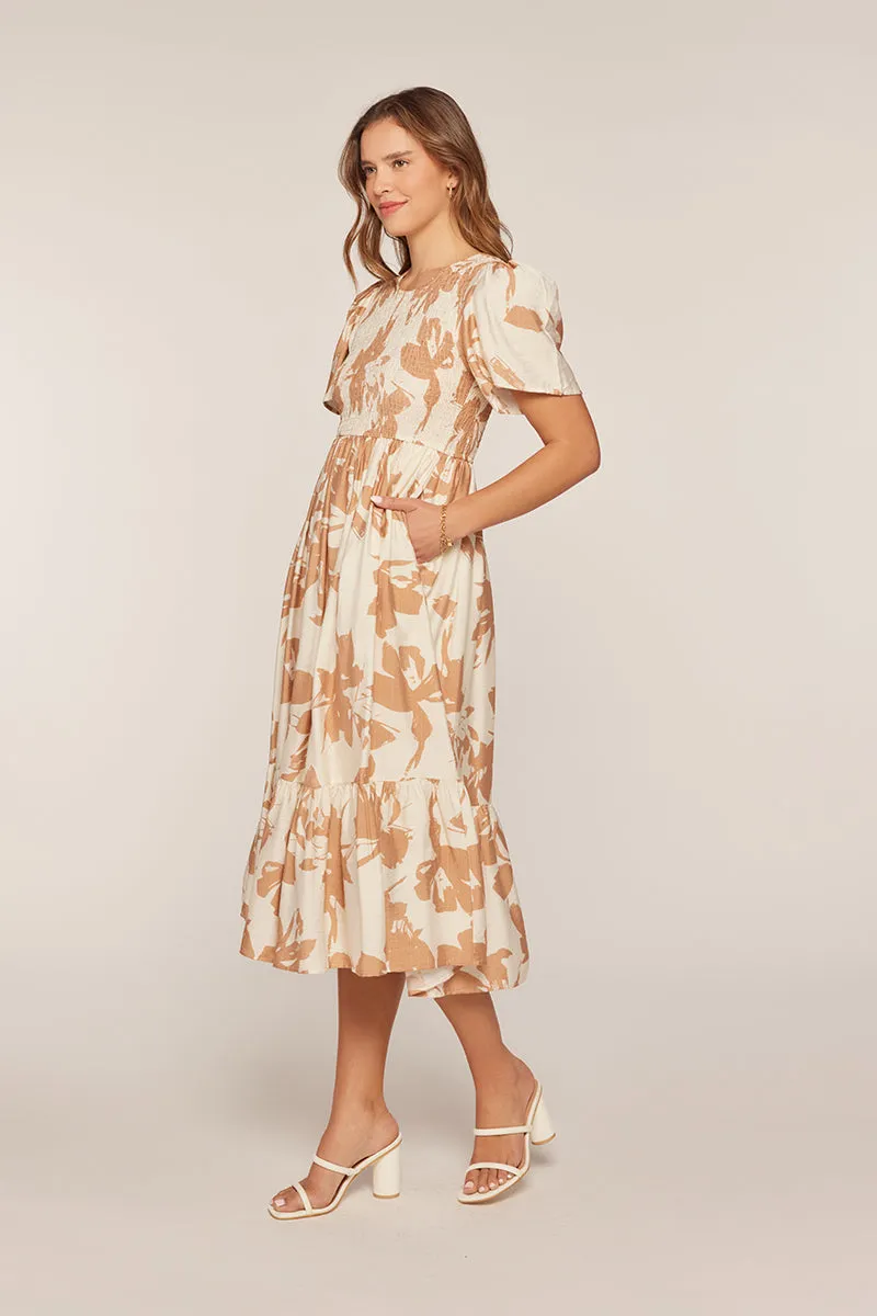 The Suzie Printed Smocked Top Dress in Ivory/Tan
