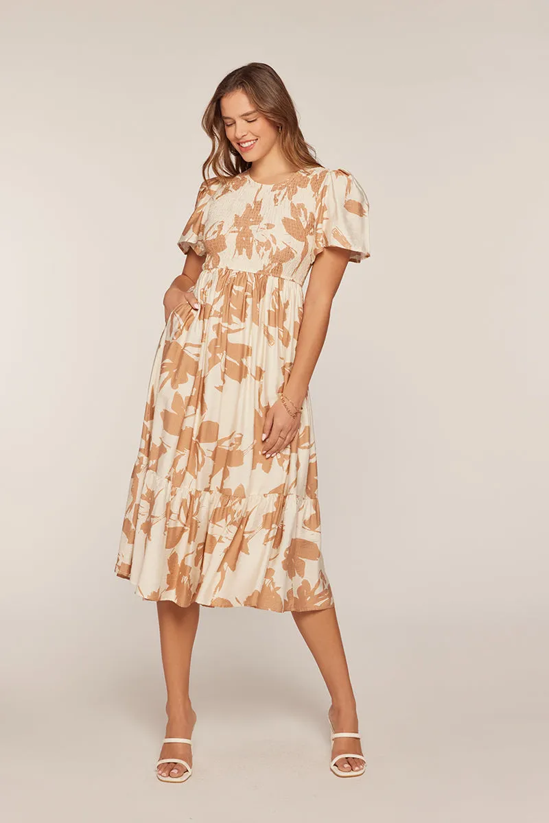 The Suzie Printed Smocked Top Dress in Ivory/Tan