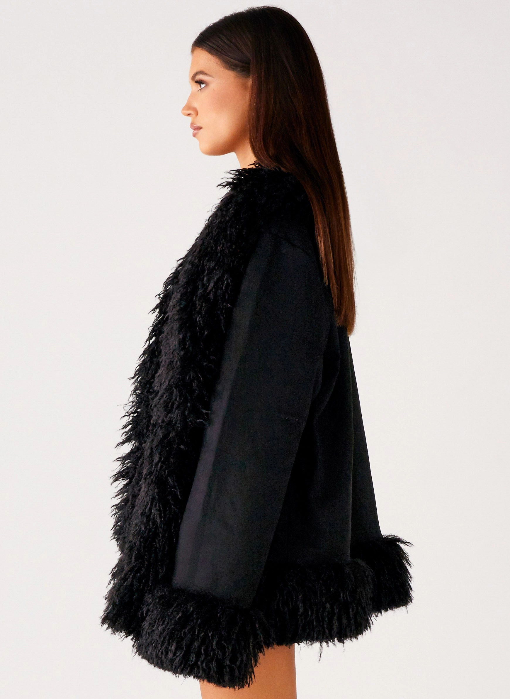 Carmelita Fur Trim Jacket - Black Long Sleeves Everyday Comfort Fit