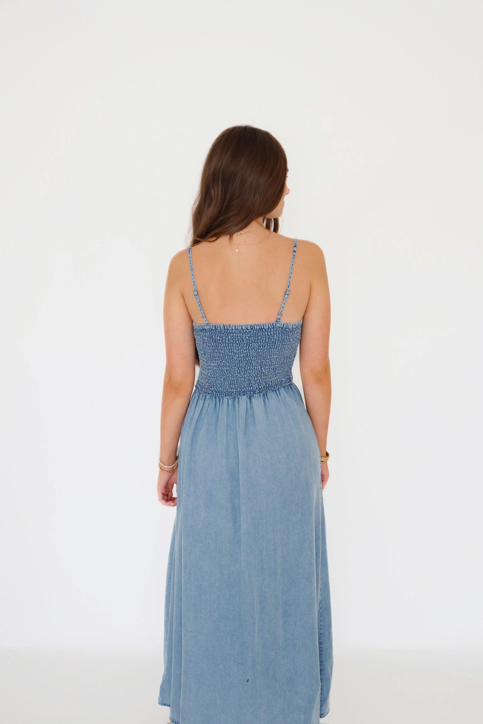 Bayside Chambray Midi Dress HighNeckCut Biodegradable Fiber