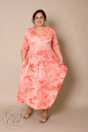 Tie Dye Stretchy Plus Size Maxi Dress with Pockets   Sleeves