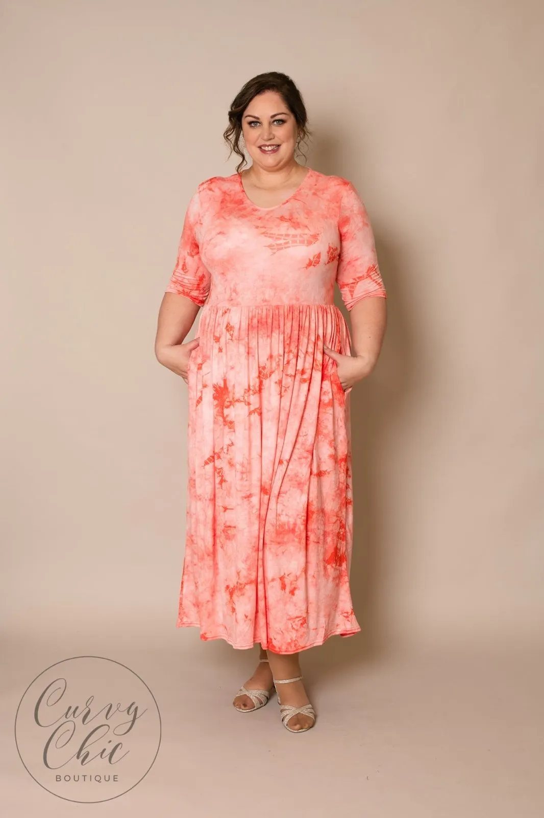 Tie Dye Stretchy Plus Size Maxi Dress with Pockets   Sleeves
