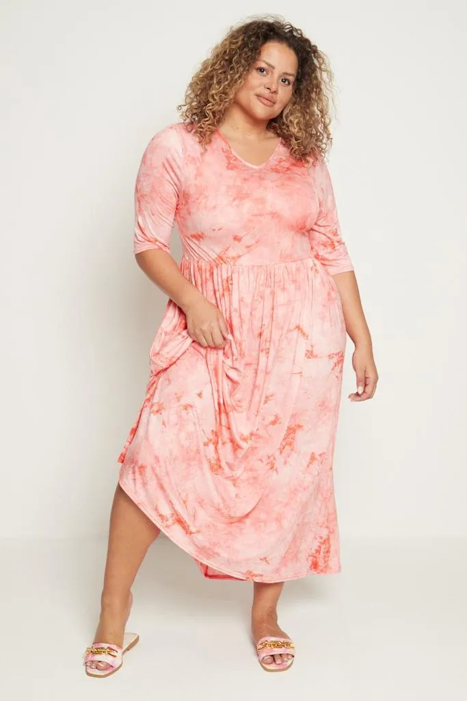 Tie Dye Stretchy Plus Size Maxi Dress with Pockets   Sleeves