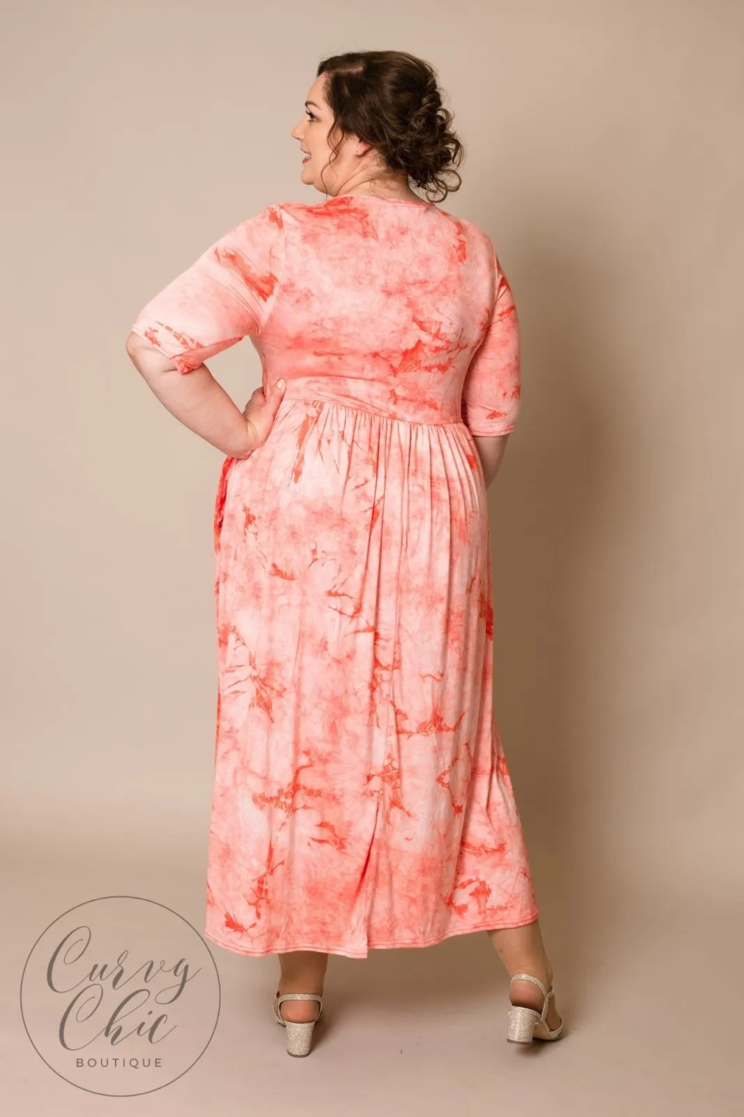 Tie Dye Stretchy Plus Size Maxi Dress with Pockets   Sleeves