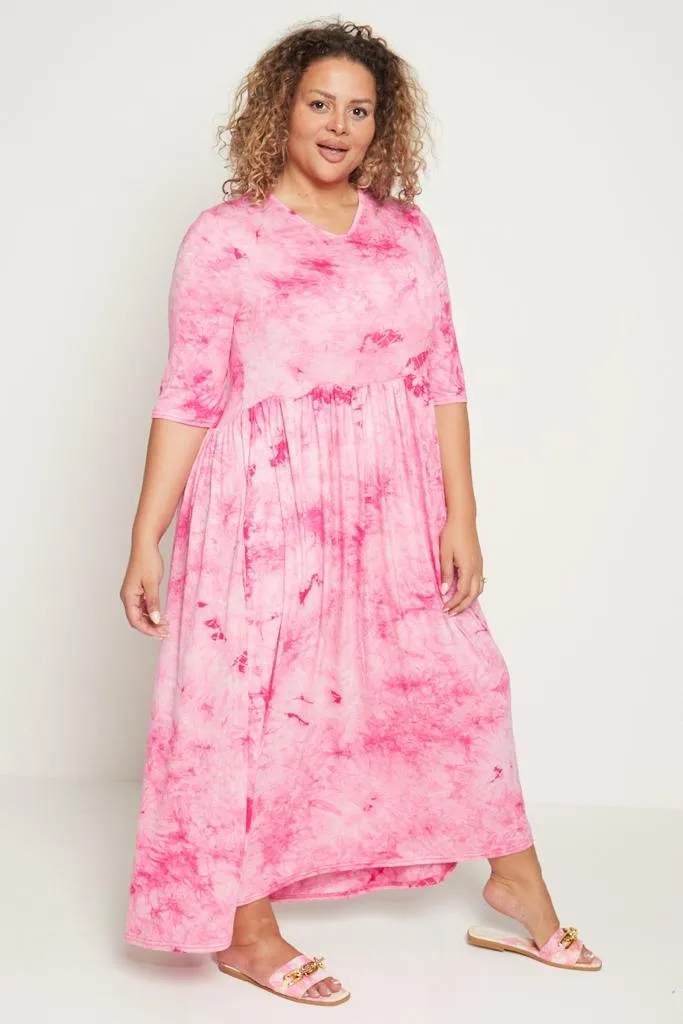 Tie Dye Stretchy Plus Size Maxi Dress with Pockets   Sleeves