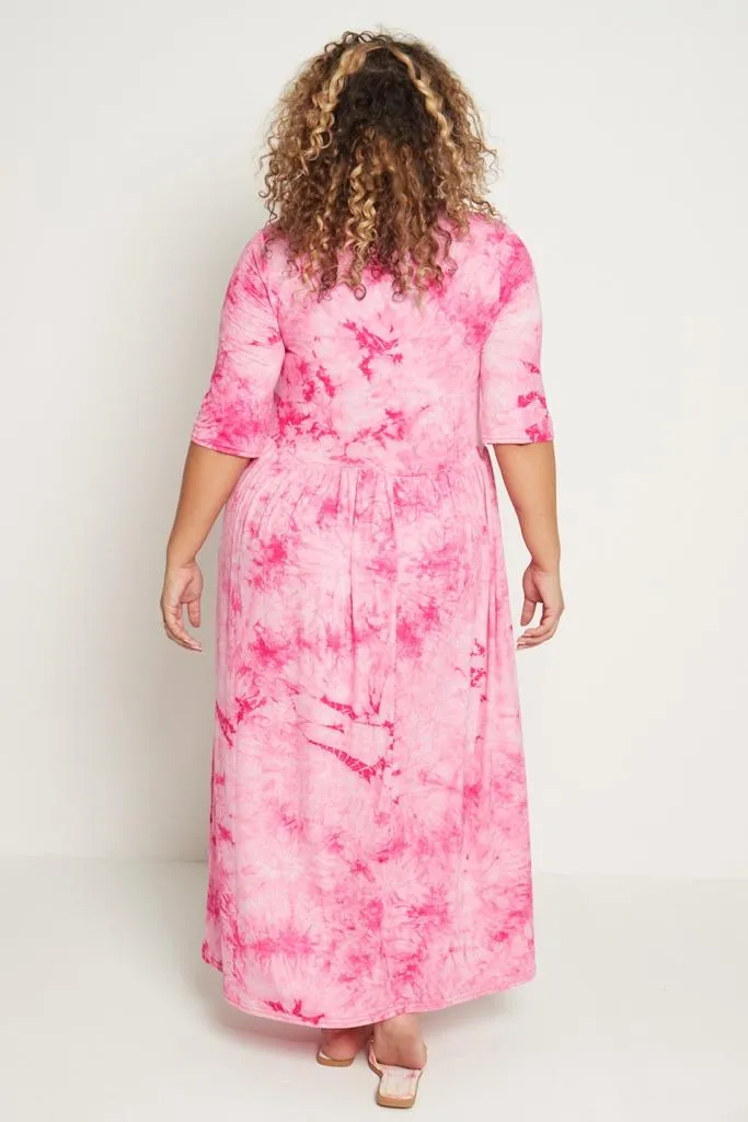 Tie Dye Stretchy Plus Size Maxi Dress with Pockets   Sleeves