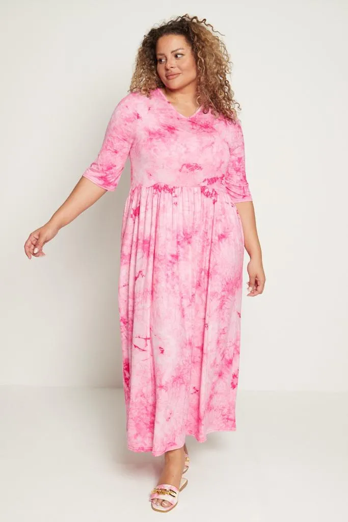 Tie Dye Stretchy Plus Size Maxi Dress with Pockets   Sleeves