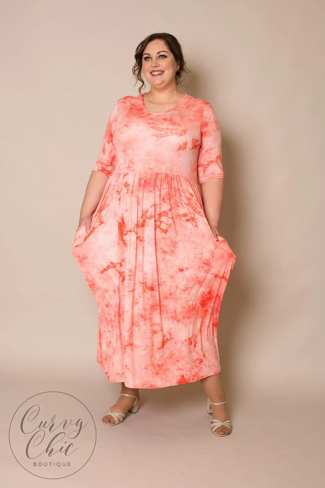 Tie Dye Stretchy Plus Size Maxi Dress with Pockets   Sleeves