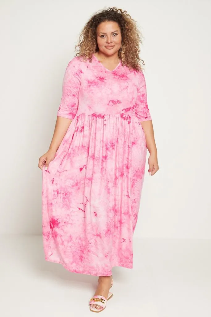 Tie Dye Stretchy Plus Size Maxi Dress with Pockets   Sleeves
