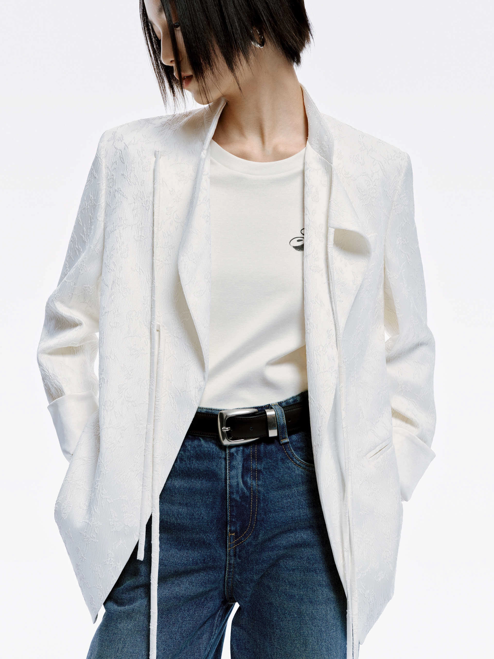 Tie Detail Jacquard Blazer