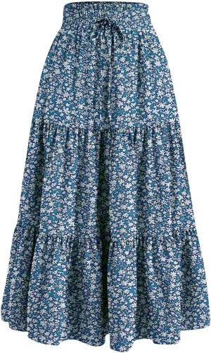 Tiered Maxi Skirts for Women Comfy Summer Cover Ups Elastic High Waisted Ruffle Hem Flowy Swing Long Skorts