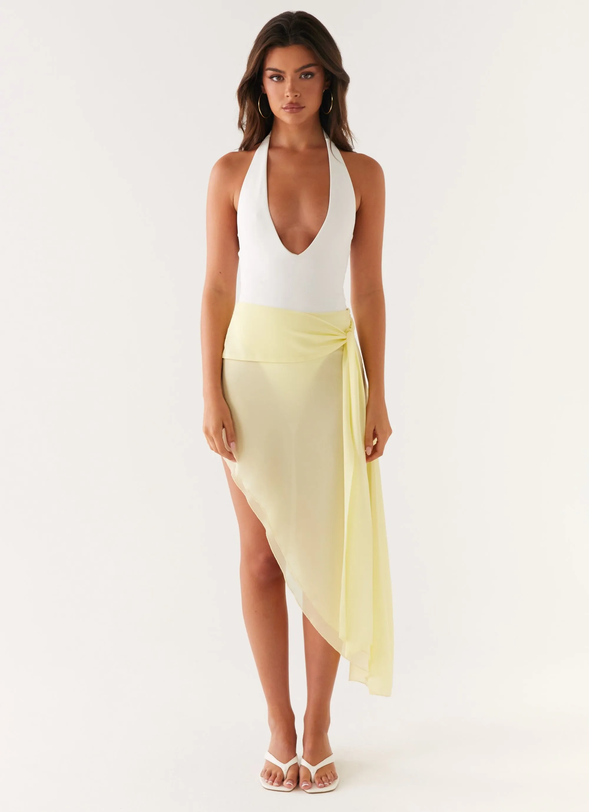 Tilly Swim Skirt - Pastel Yellow Wardrobe Hero Shirred Back