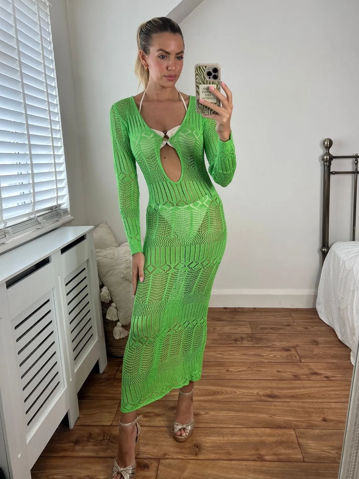 Coco Long sleeve Crochet Midaxi Dress / Lime Casual maxi dress Cozy and Comfortable