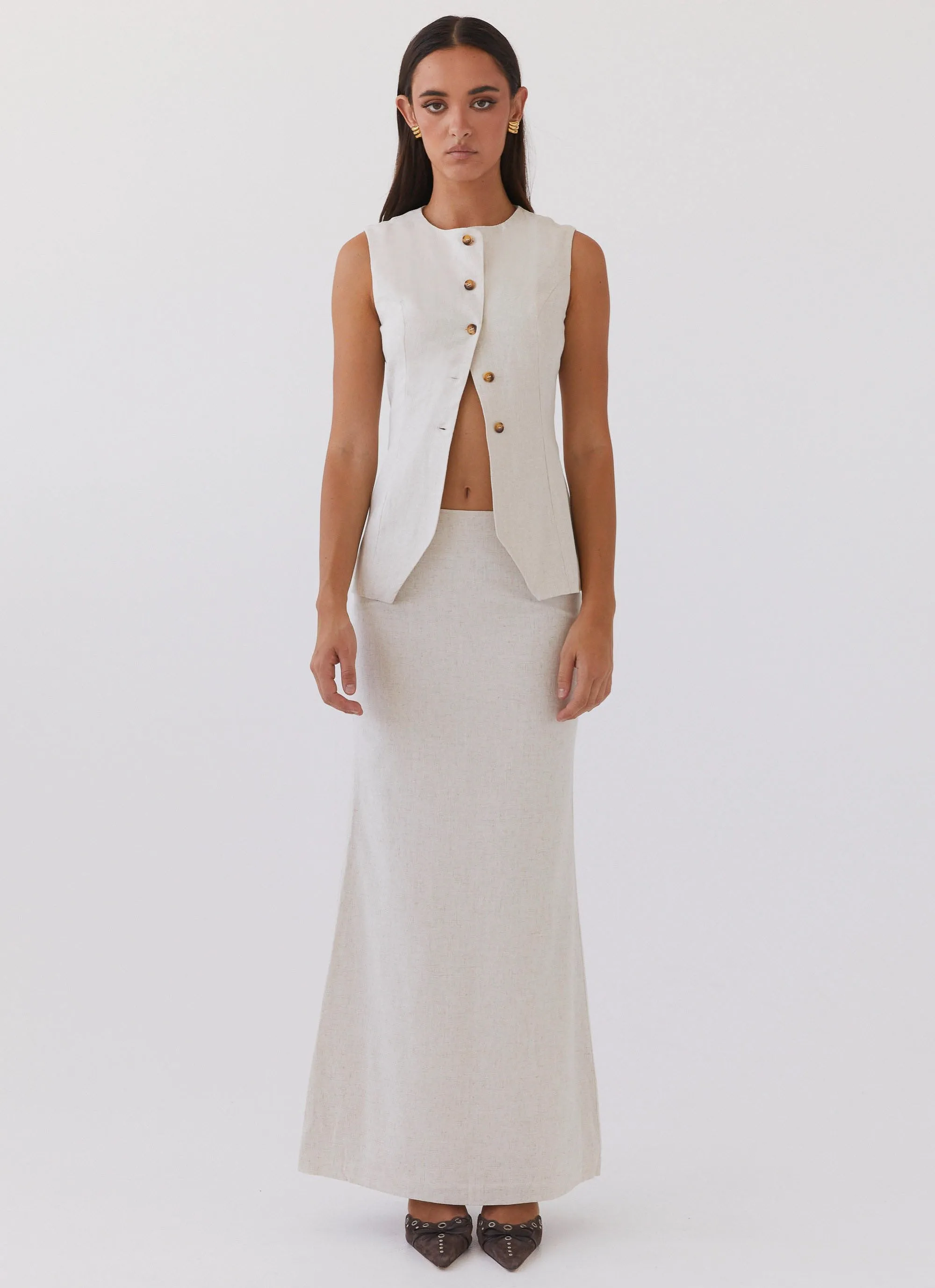 Soft Touch Born For Bordeaux Linen Midi Skirt - Oatmeal