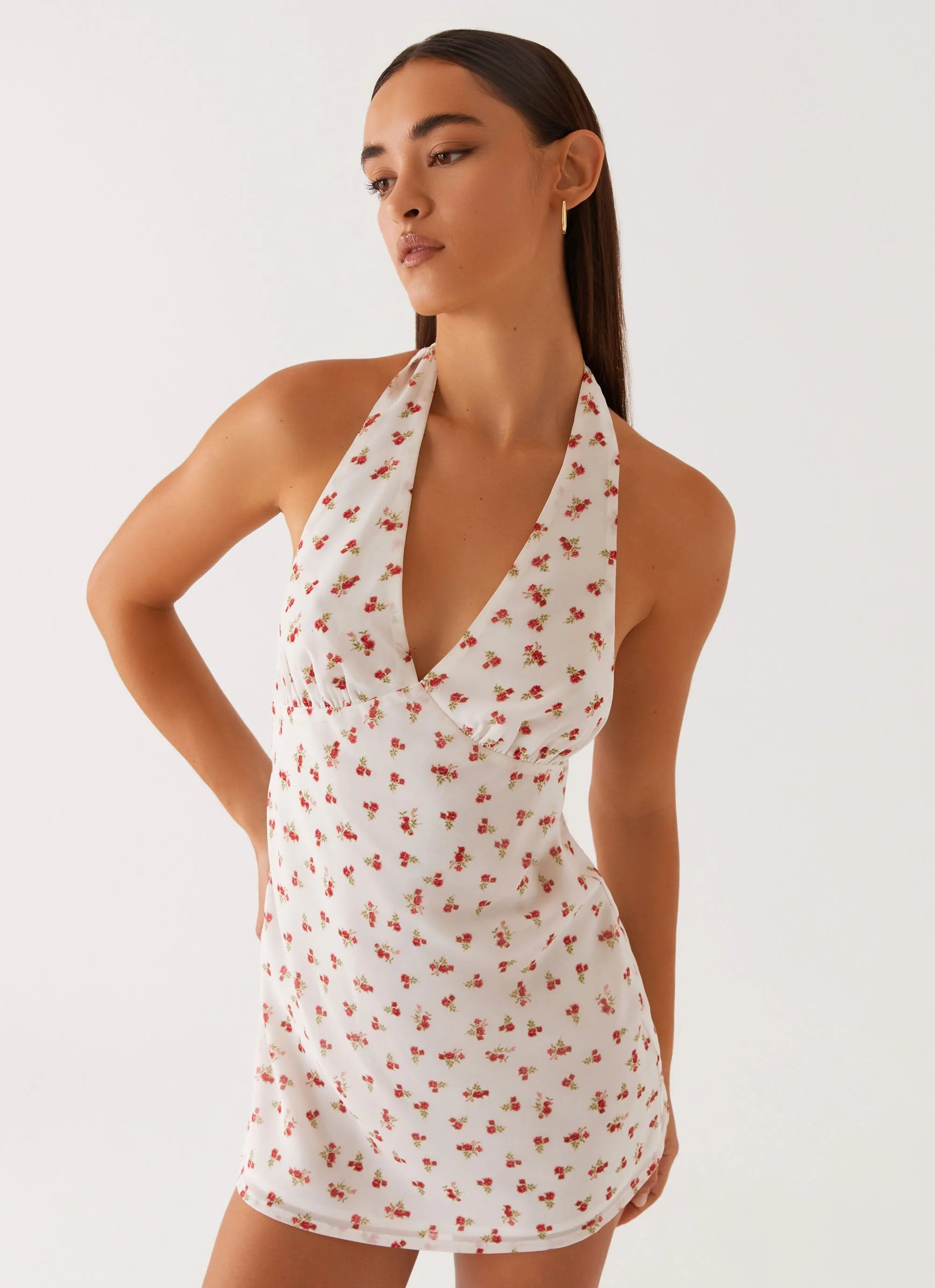 Highlands Halterneck Mini Dress - Red Ditsy Floral Statement Maker Premium Pima Cotton