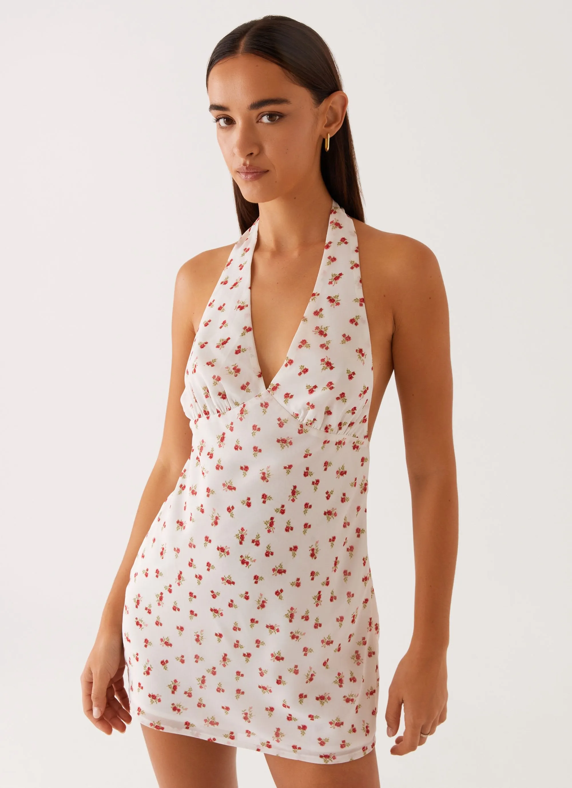 Highlands Halterneck Mini Dress - Red Ditsy Floral Double Stitched Hems