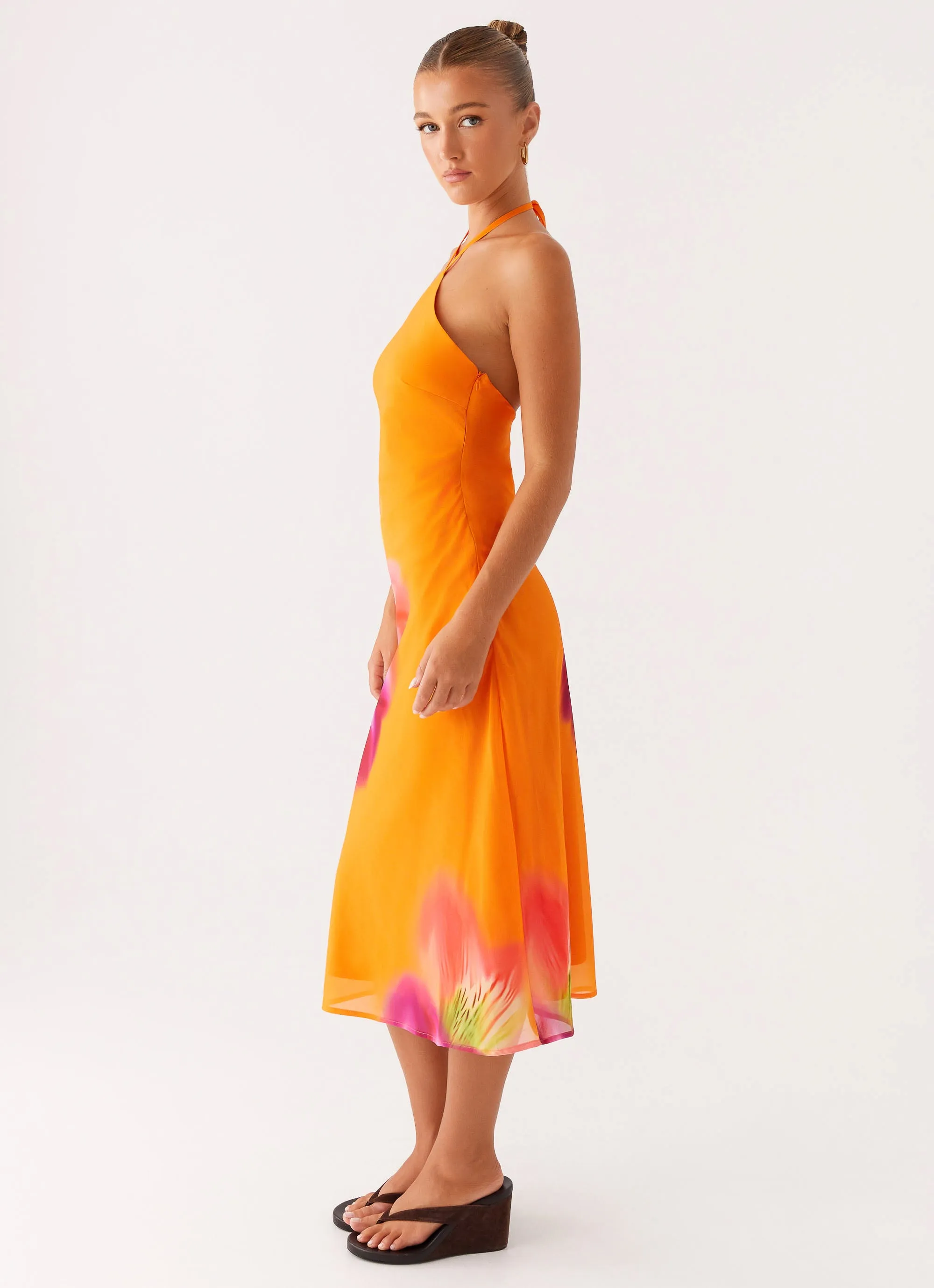 Kea Midi Dress - Orange Tropical Asymmetrical Cut