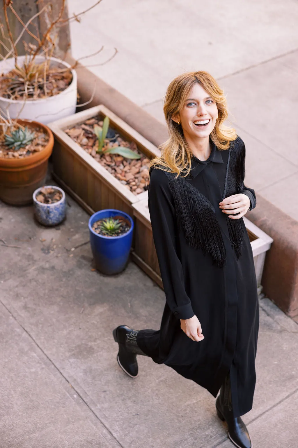 MASON by MASON'S DAUGHTER Marcia Western Fringe Midi Dress Cool Draping