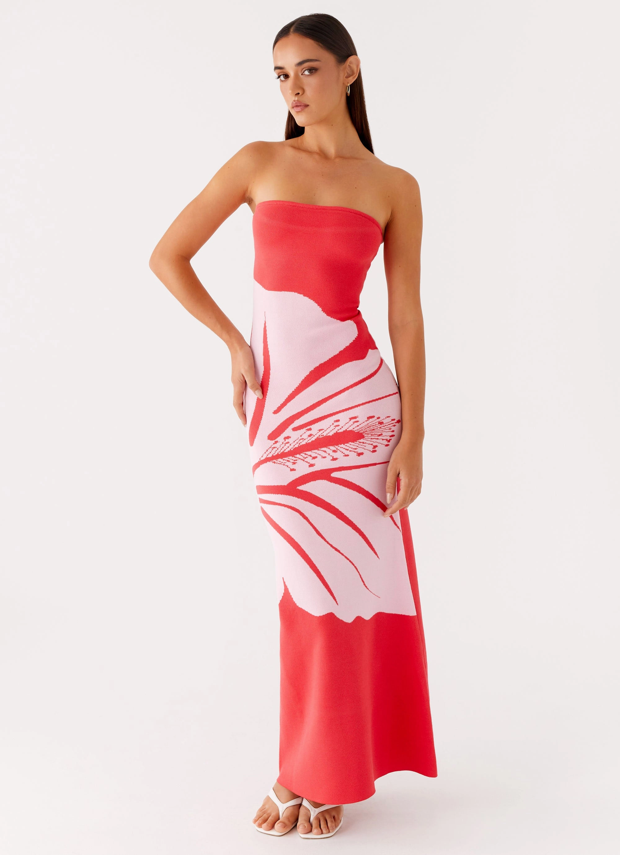 Vibrant Style Decorative-Design Jala Strapless Knit Maxi Dress - Red Floral