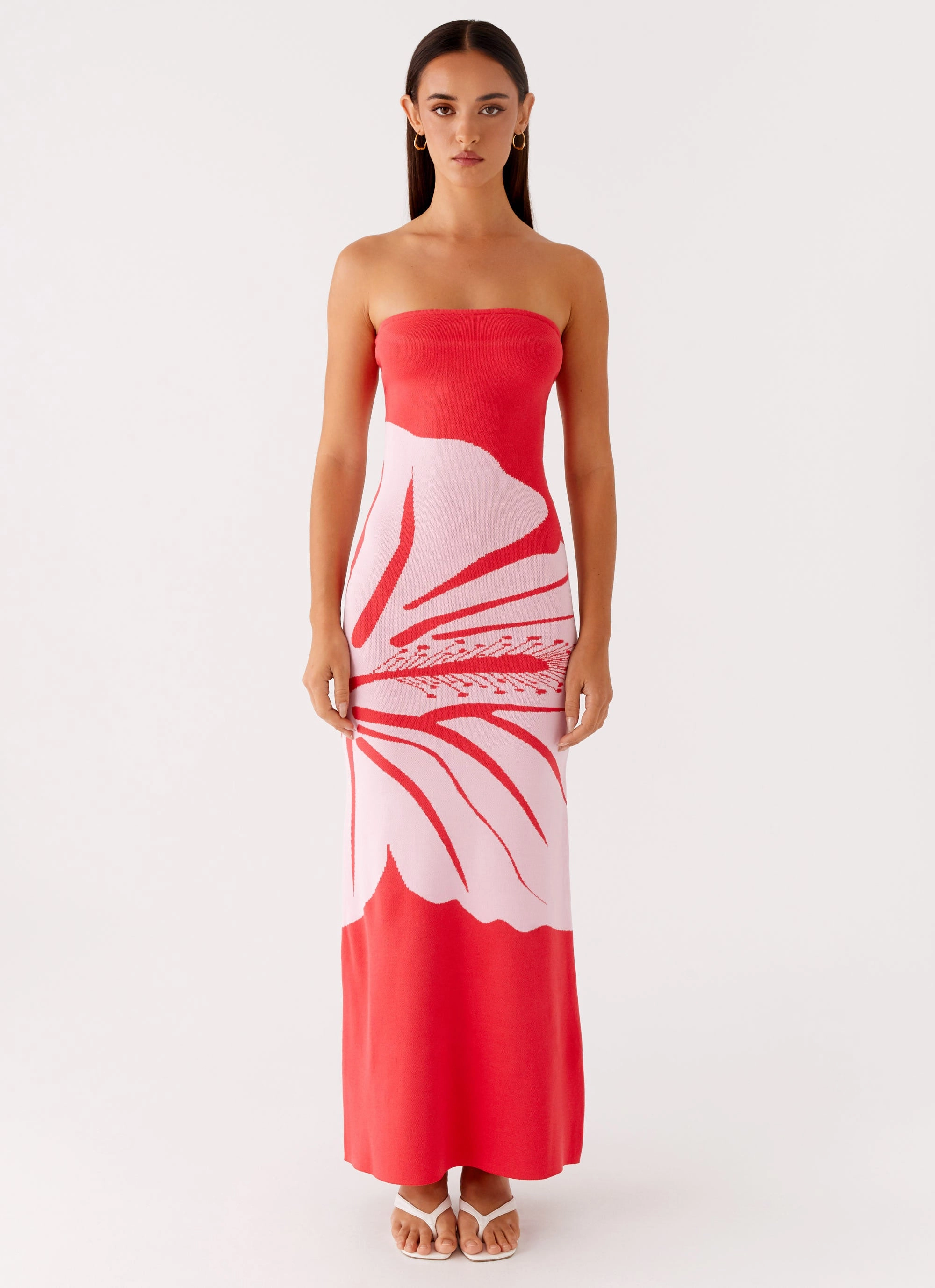 Jala Strapless Knit Maxi Dress - Red Floral Back Glow Stylish Fit