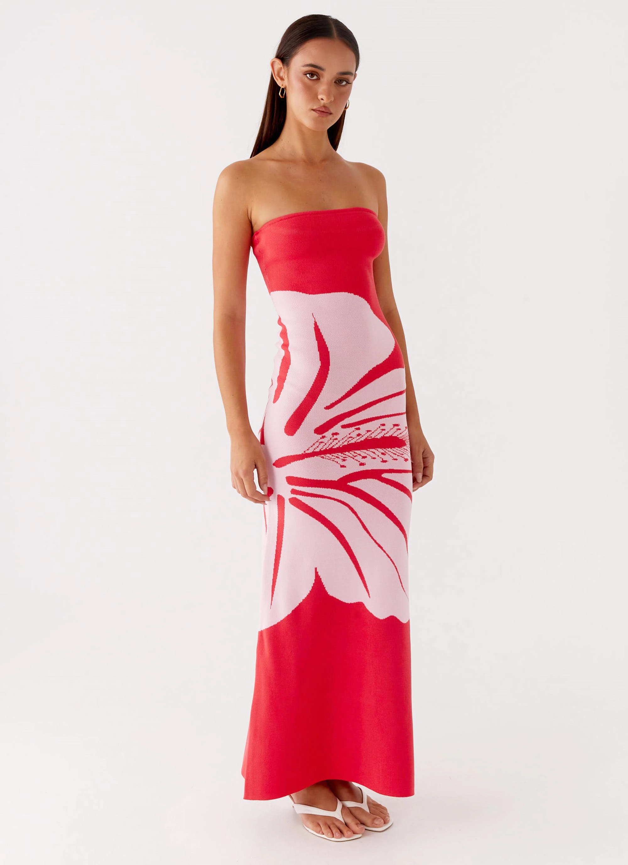 Jala Strapless Knit Maxi Dress - Red Floral Relaxed Finish Day Fit