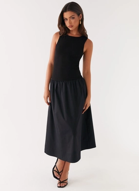 Timeless Waist Duchess Midi Dress - Black Relaxed work dress All-Season Comfort Duchess Midi Dress - Black