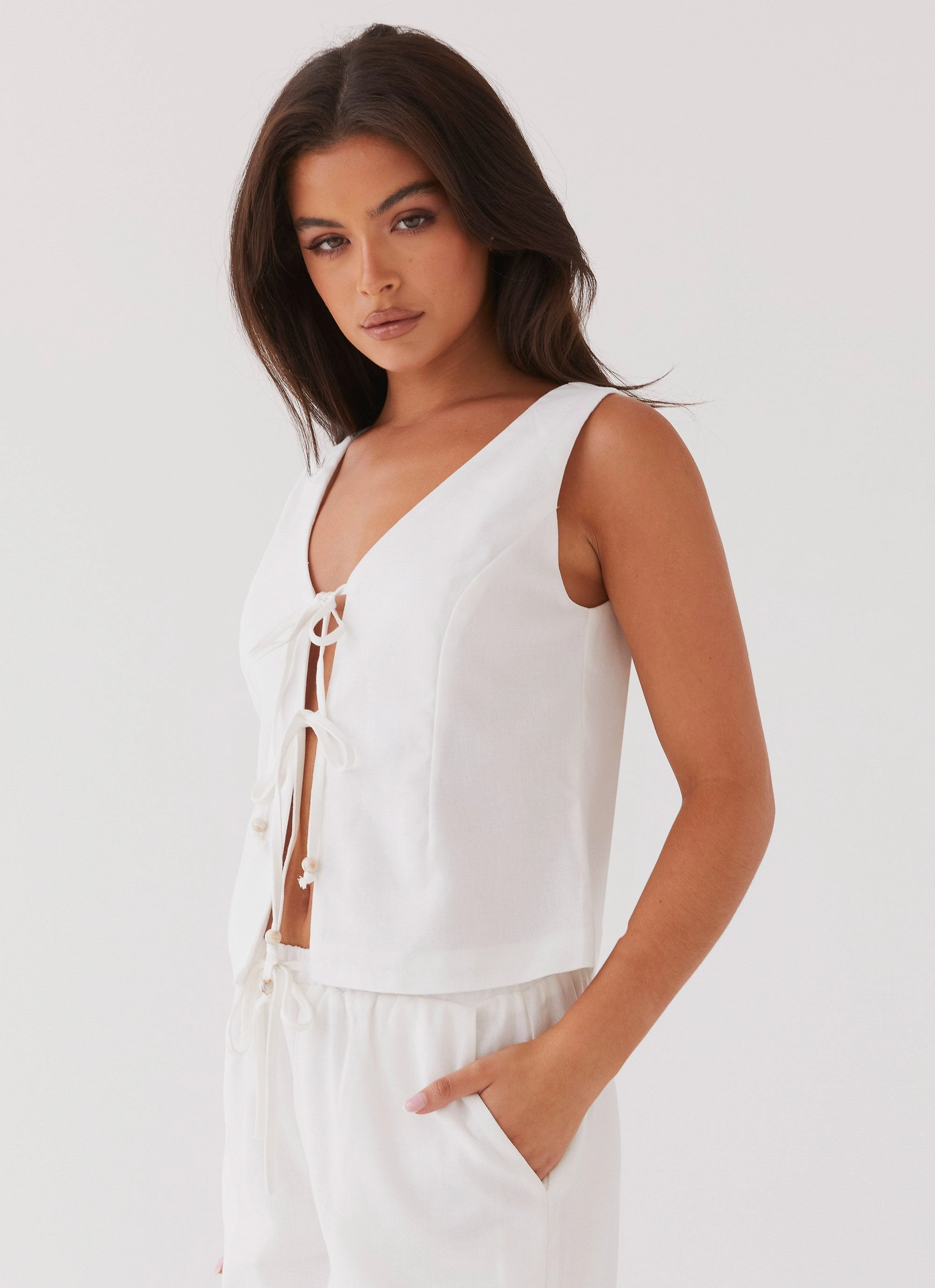 Tina Linen Vest Top - White Versatile Layering Piece AntiStatic Treatment
