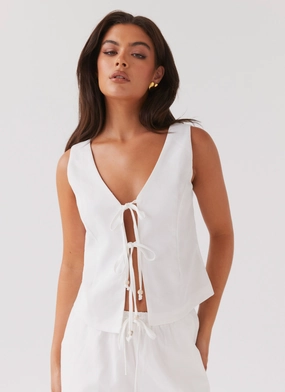 Tina Linen Vest Top - White Machine Washable Fabric