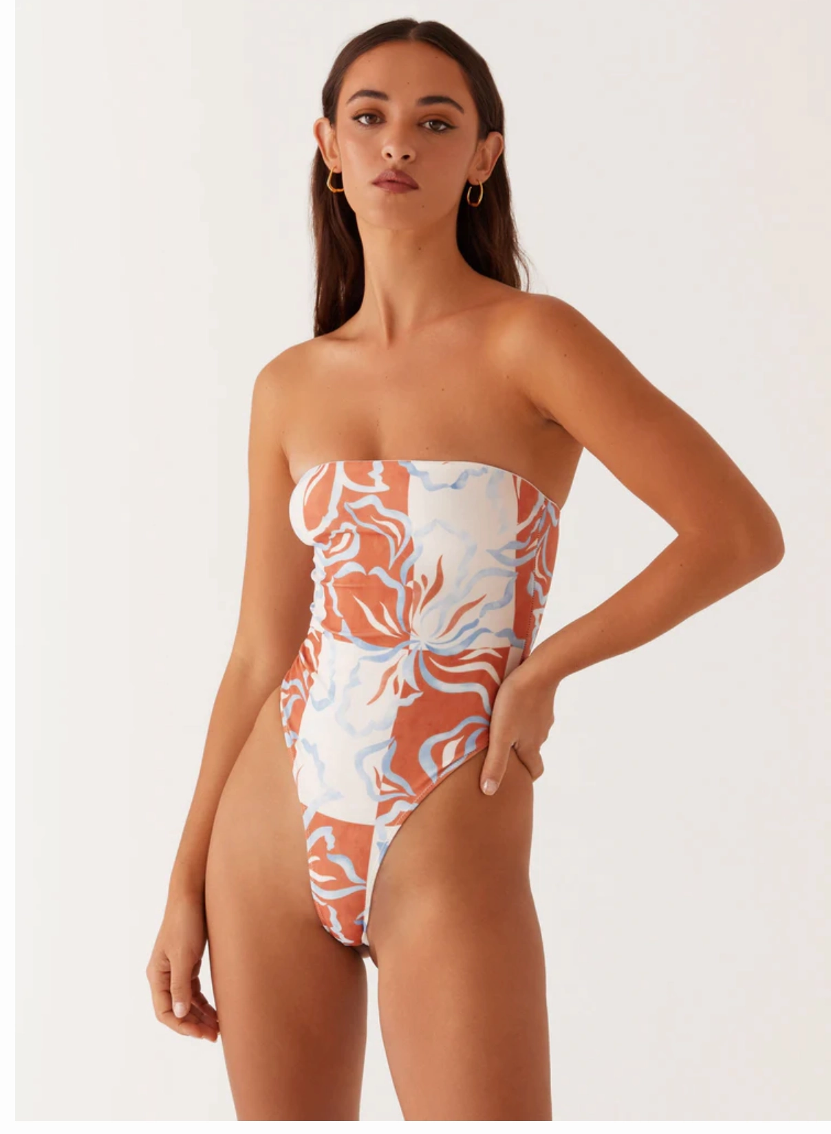 Fade Resistant Coating Maxine Strapless One Piece Swimsuit - Orange Blue Floral