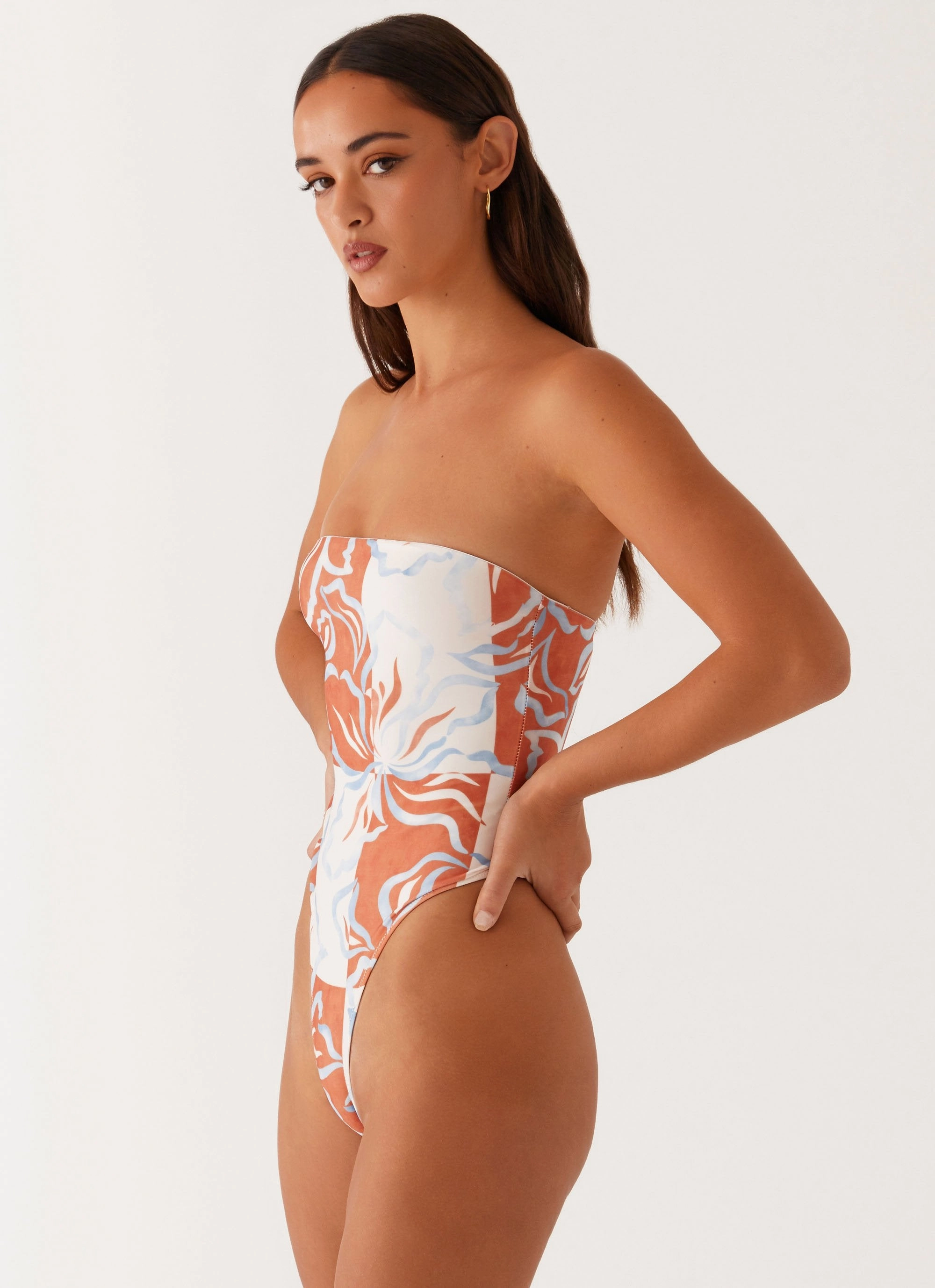Water Sport Style Soft Touch Textile Maxine Strapless One Piece Swimsuit - Orange Blue Floral