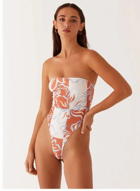 Fade Resistant Coating Maxine Strapless One Piece Swimsuit - Orange Blue Floral