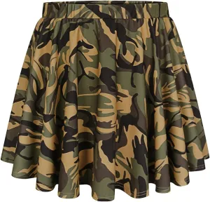 TIYOMI Women Plus Size Skirts Stretchy Elastic Waist Mini Skirt Pleated Basic Swing A Line Flowy Hem Camo Print Camouflage Pattern Spring Summer Skater Skirt Green XL