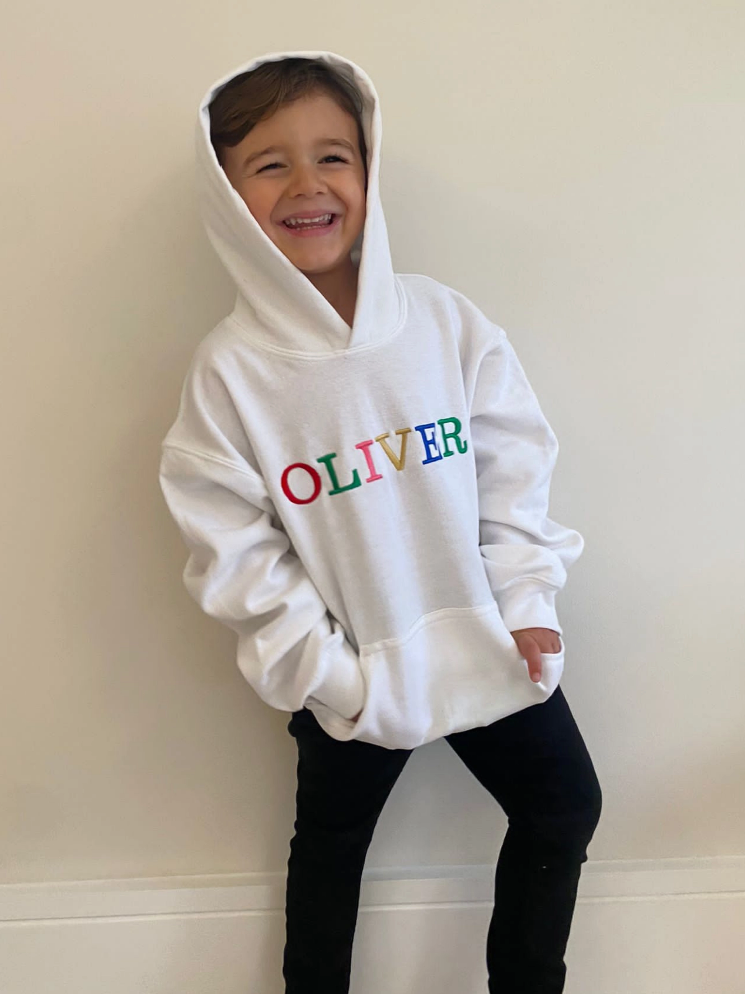 Warm Feel Warm Lining Toby Children's Unisex Multicoloured Text Personalised Hoodie / White