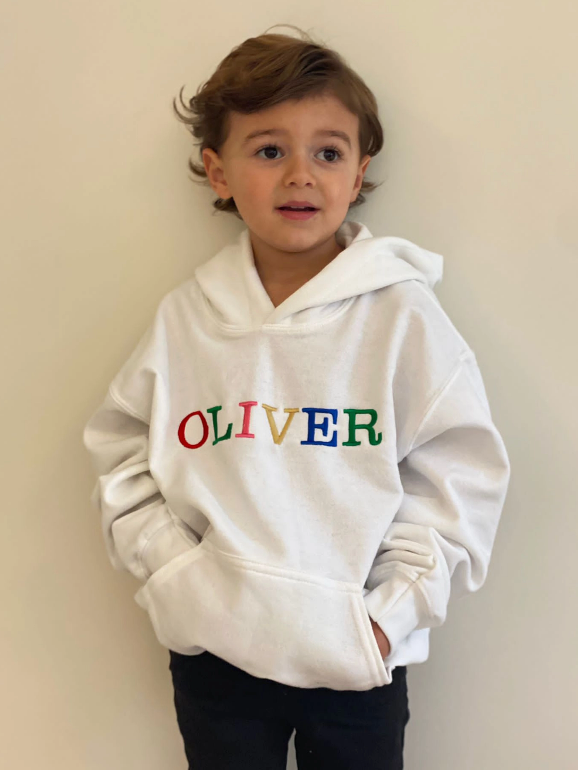 Toby Children's Unisex Multicoloured Text Personalised Hoodie / White Ultra Soft Handfeel