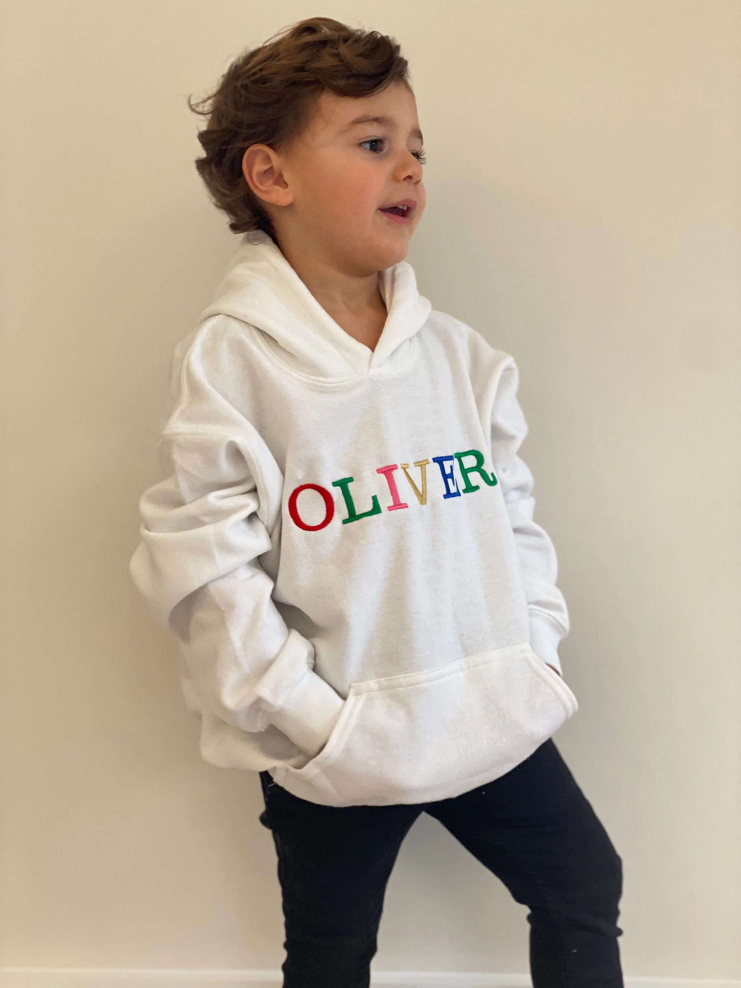 Toby Children's Unisex Multicoloured Text Personalised Hoodie / White Sporty Layers